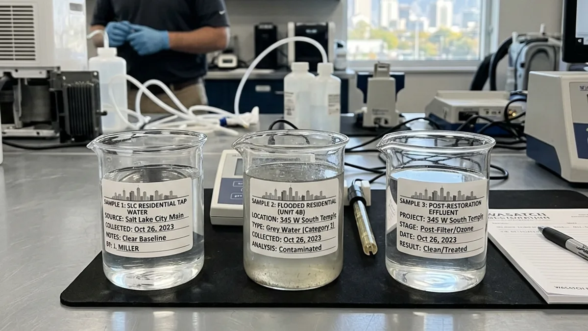 Three labeled water sample beakers — clean, gray, and black