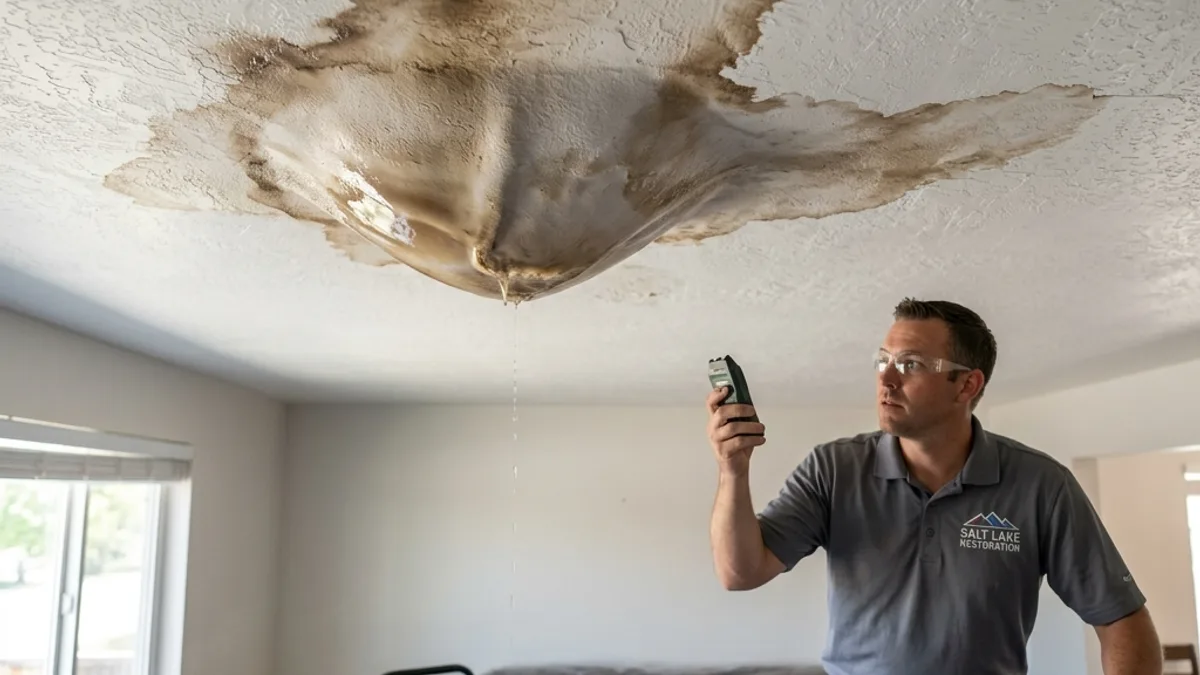 A brown water stain spreading across a white ceiling with a bulge