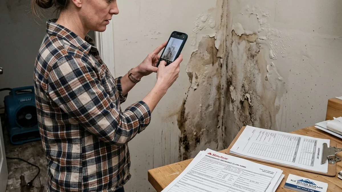 Homeowner photographing water damage on a phone next to insurance paperwork