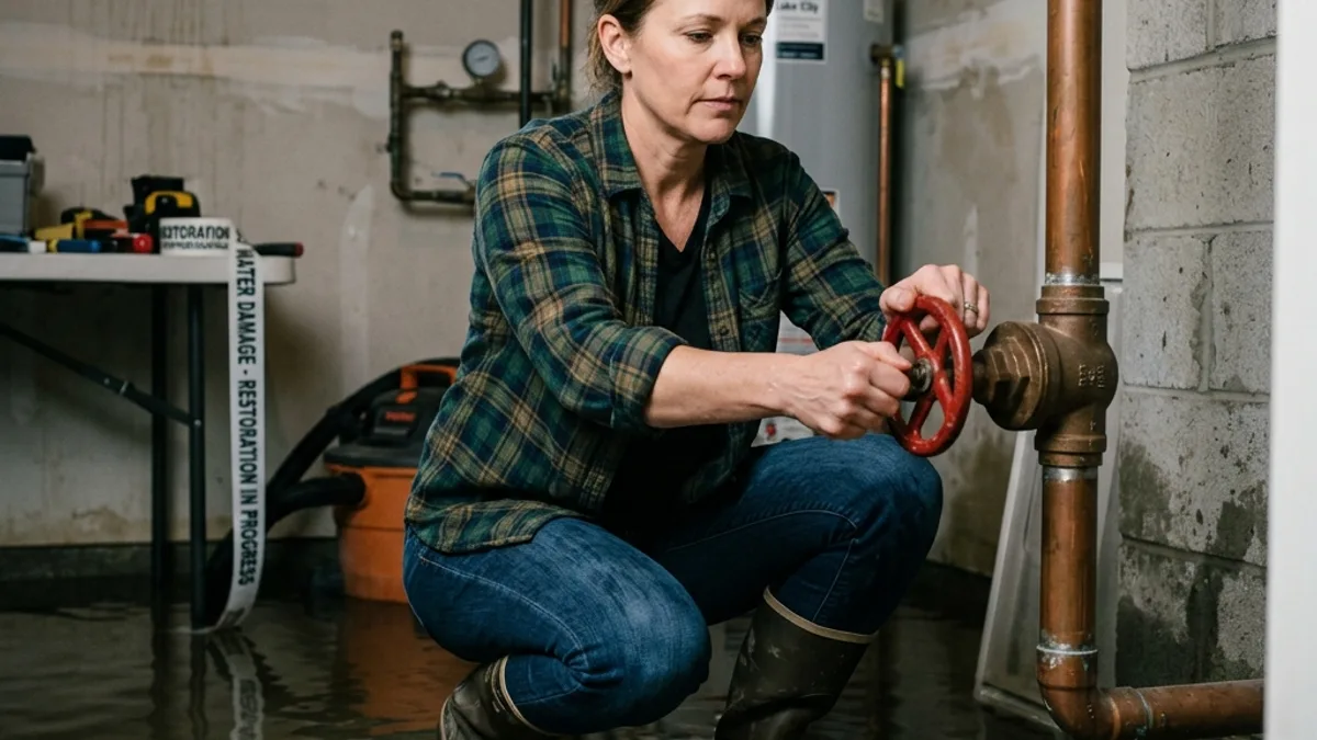 Homeowner shutting off a water main valve in a flooded room