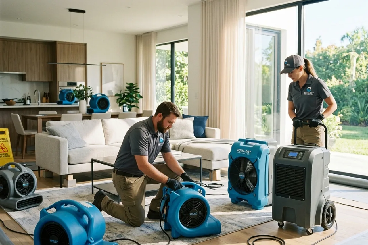 Water damage restoration technicians drying a flooded Salt Lake City home