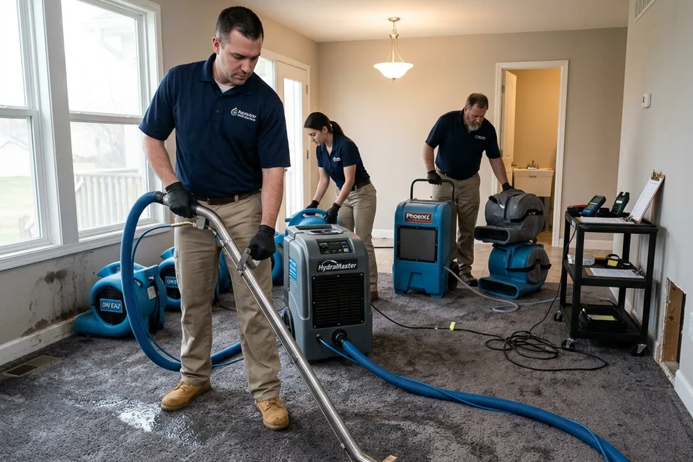 Technicians extracting water and setting up drying equipment